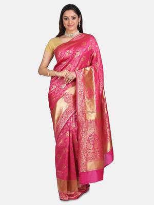 Pink Woven Banarasi Saree With Blouse 1