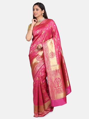 Pink Woven Banarasi Saree With Blouse 5