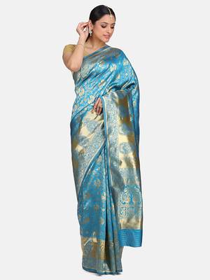 Blue Woven Banarasi Saree With Blouse 5