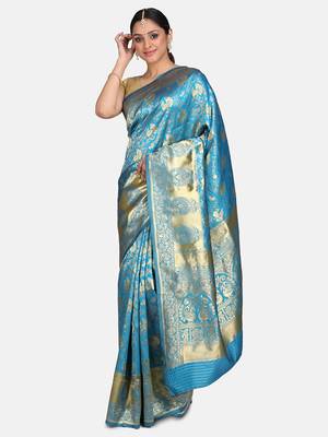 Blue Woven Banarasi Saree With Blouse 1
