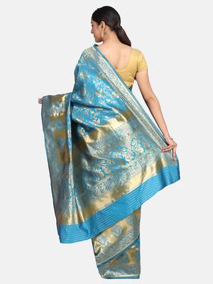 Blue Woven Banarasi Saree With Blouse 6