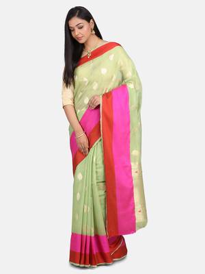 Womens  Designer Green Linen Tissue Saree With  Blouse 1