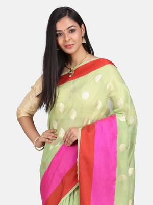 Womens  Designer Green Linen Tissue Saree With  Blouse 5