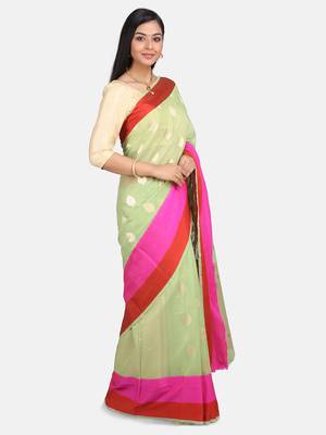 Womens  Designer Green Linen Tissue Saree With  Blouse 6