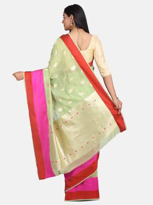 Womens  Designer Green Linen Tissue Saree With  Blouse 7
