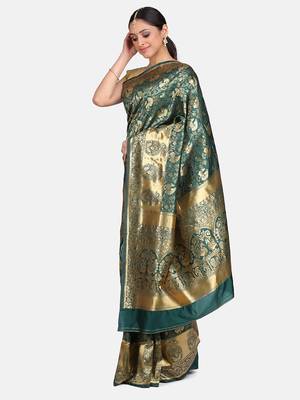 Green Woven Banarasi Saree With Blouse 5