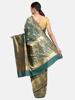 Green Woven Banarasi Saree With Blouse 6