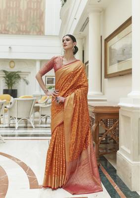 Orange Woven Fuax Banarasi Silk Blend Saree With Blouse For Women 6