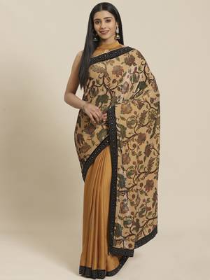 Beige printed velvet saree with blouse 1
