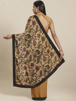 Beige printed velvet saree with blouse 2
