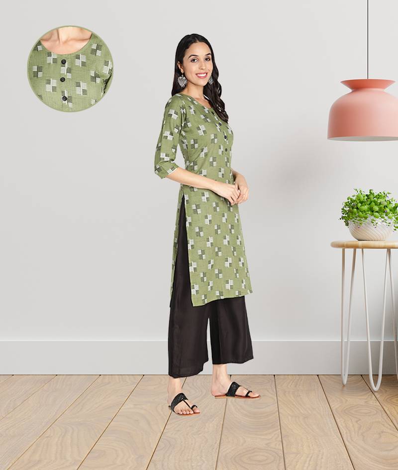 Women Rayon Printed Stright Kurti (Green)