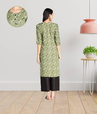 Women Rayon Printed Stright Kurti (Green) 4