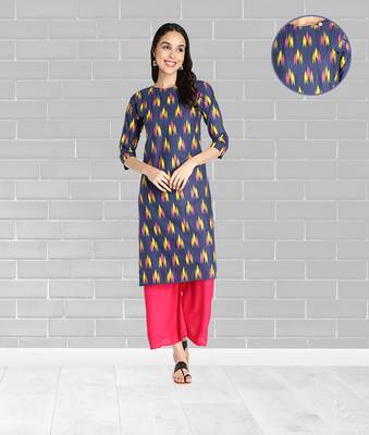 Pure Cotton Ikat Printed Straight Women Kurti (Blue) 1