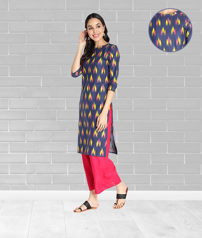 Pure Cotton Ikat Printed Straight Women Kurti (Blue)