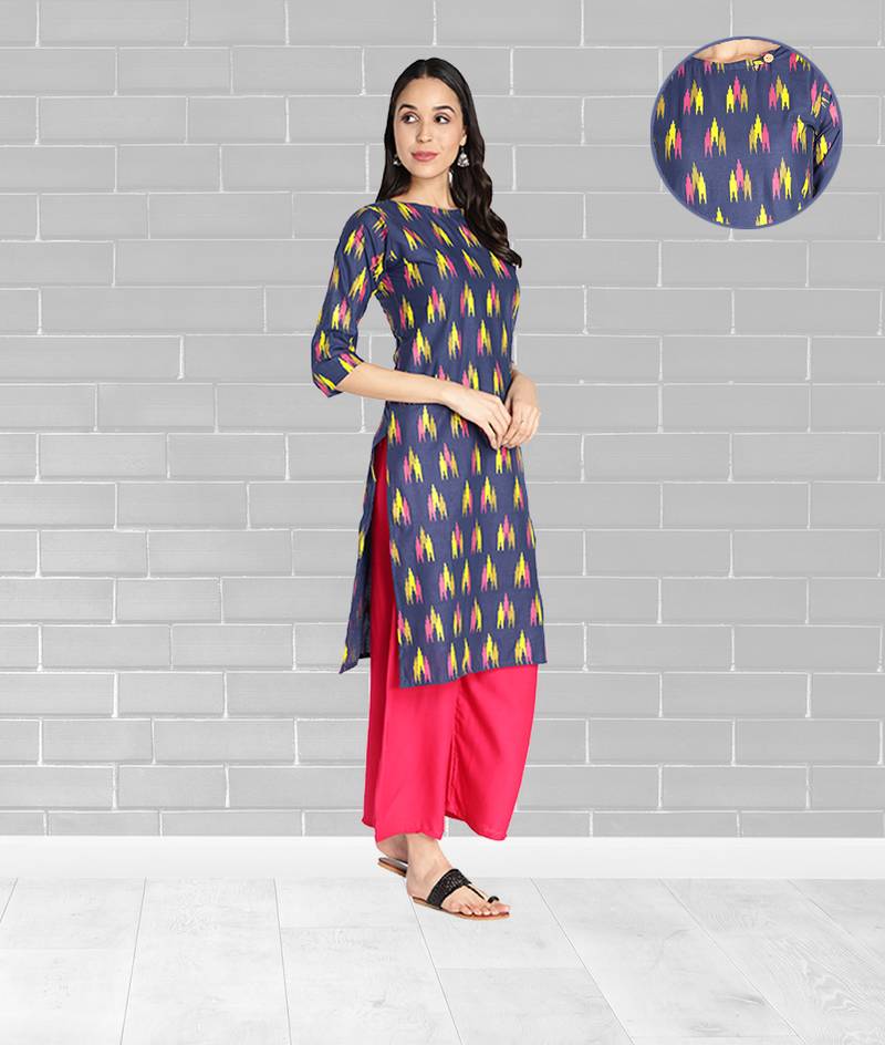 Pure Cotton Ikat Printed Straight Women Kurti (Blue)