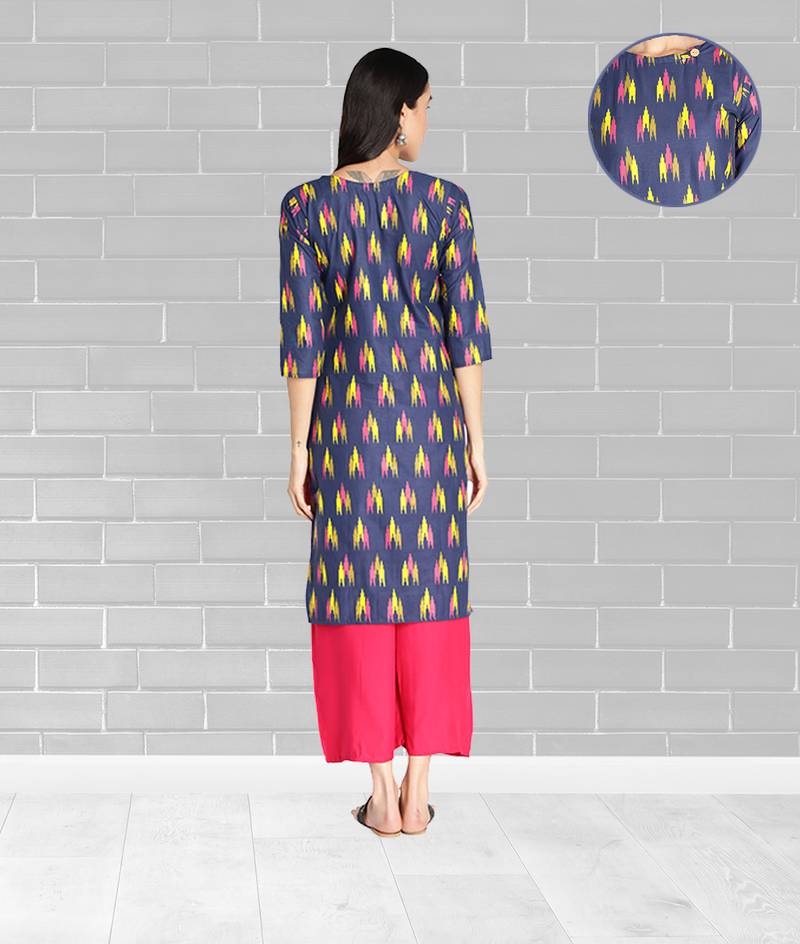 Pure Cotton Ikat Printed Straight Women Kurti (Blue)