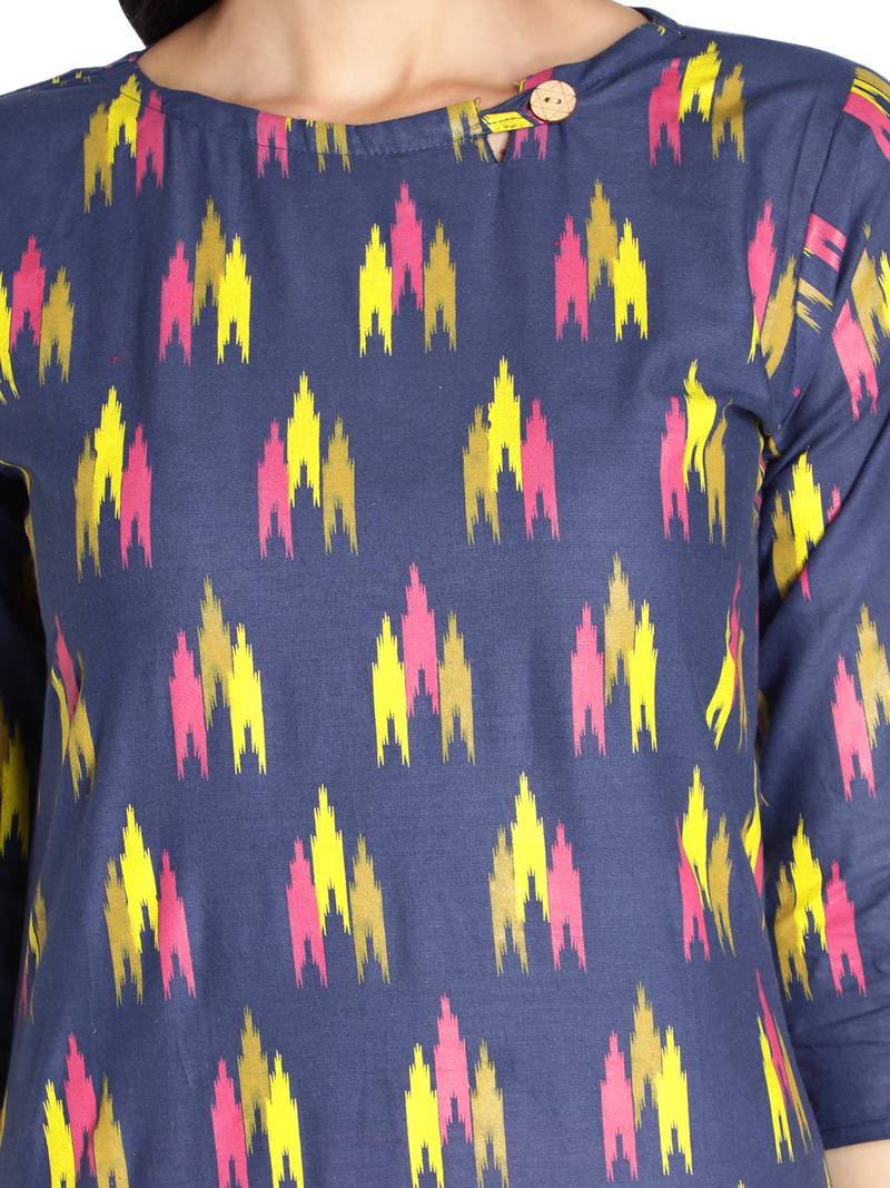 Pure Cotton Ikat Printed Straight Women Kurti (Blue)