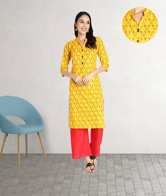 Pure Cotton Printed Straight Women Kurti (Mustard Yellow) 1