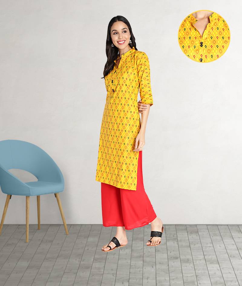 Pure Cotton Printed Straight Women Kurti (Mustard Yellow)