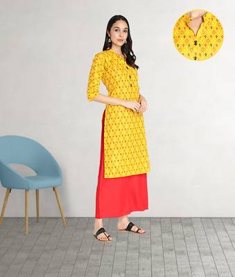 Pure Cotton Printed Straight Women Kurti (Mustard Yellow) 3