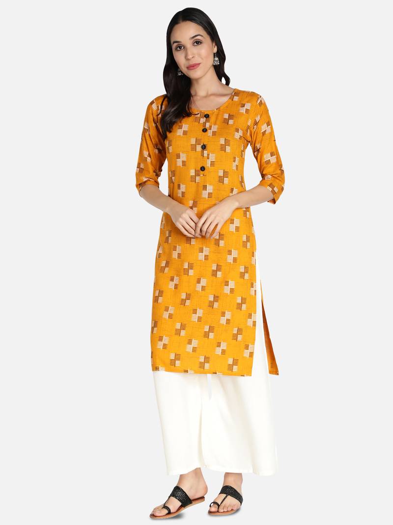 Women Rayon Printed Stright Kurti (Mustard Yellow)