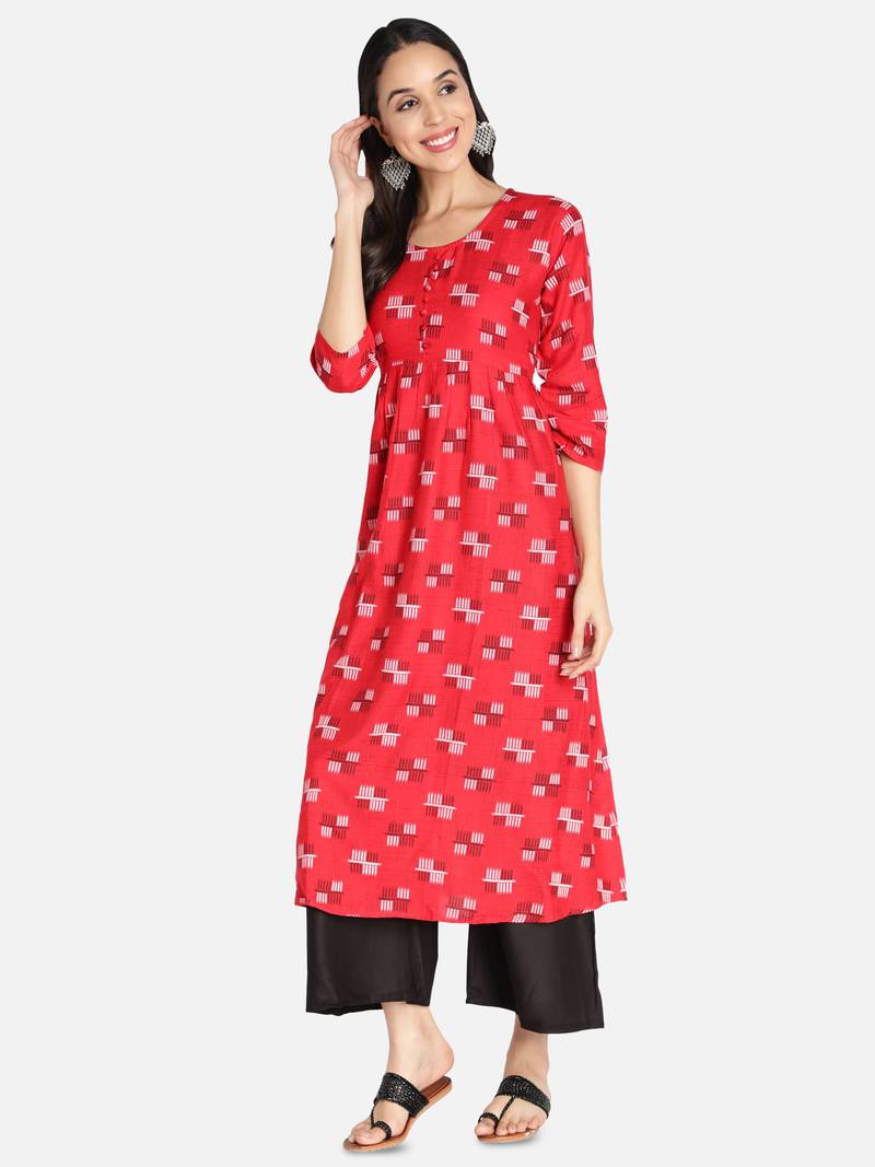 Women Rayon Printed Flared Kurti (Red)