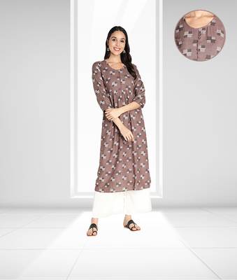 Women Rayon Printed Flared Kurti (Dusty Brown) 1