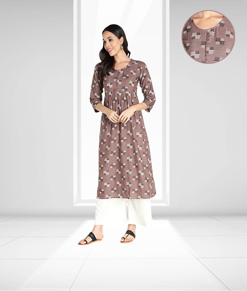 Women Rayon Printed Flared Kurti (Dusty Brown)