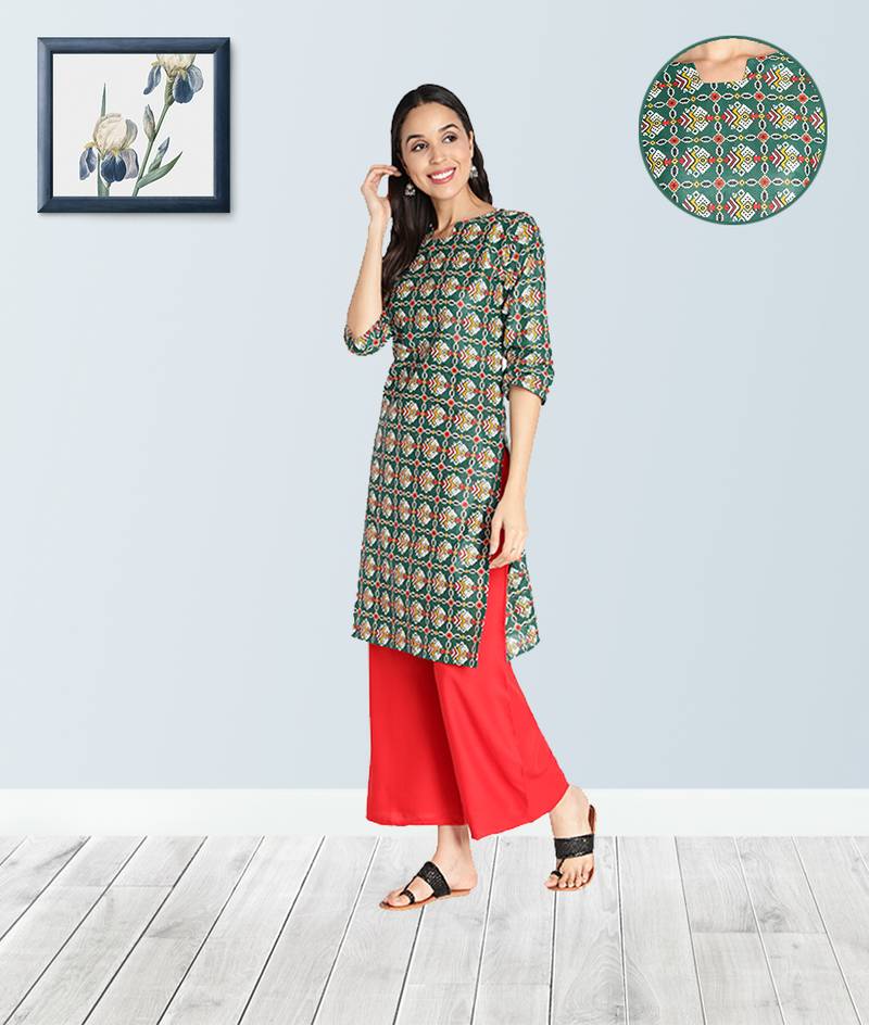Pure Cotton Bandhani Printed Straight Women Kurti (Green)