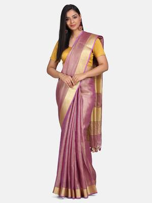 Purple Tissue Linen Handwoven Saree With Blouse Piece 1