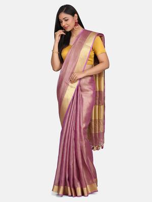 Purple Tissue Linen Handwoven Saree With Blouse Piece 3