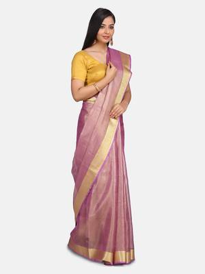 Purple Tissue Linen Handwoven Saree With Blouse Piece 4