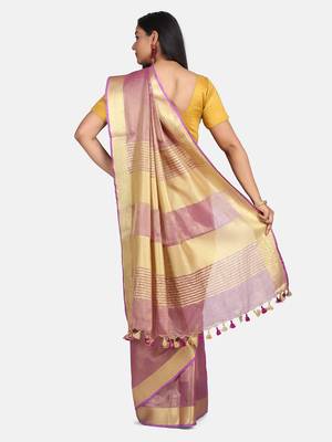 Purple Tissue Linen Handwoven Saree With Blouse Piece 5
