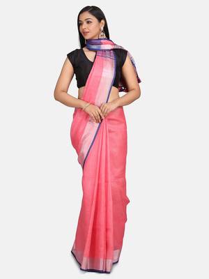 Pink Woven Linen Saree With Blouse 1