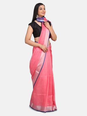 Pink Woven Linen Saree With Blouse 3