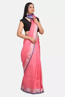 Pink Woven Linen Saree With Blouse