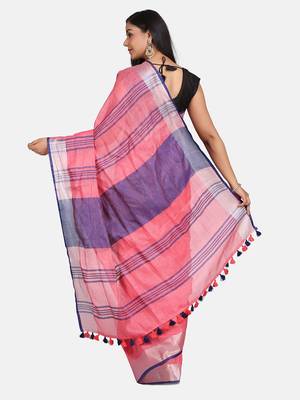 Pink Woven Linen Saree With Blouse 4