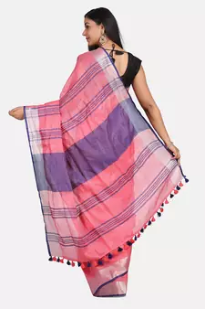 Pink Woven Linen Saree With Blouse