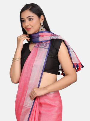 Pink Woven Linen Saree With Blouse 5