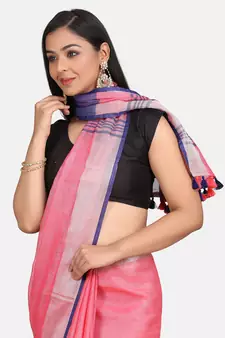 Pink Woven Linen Saree With Blouse
