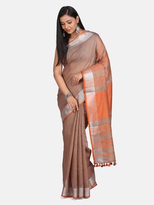 Grey Hand Woven Linen Saree With Blouse 3