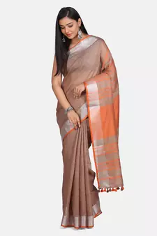 Grey Hand Woven Linen Saree With Blouse