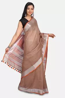 Grey Hand Woven Linen Saree With Blouse