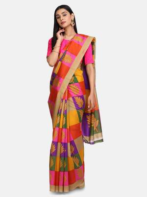 Beige Printed Poly Silk Saree With Blouse 3