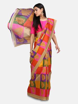 Beige Printed Poly Silk Saree With Blouse 1