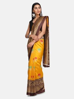 Mustard printed poly silk saree with blouse 1