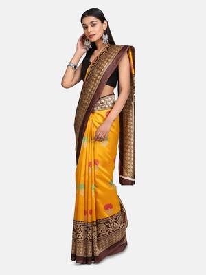Mustard printed poly silk saree with blouse 3