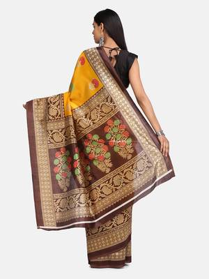Mustard printed poly silk saree with blouse 4