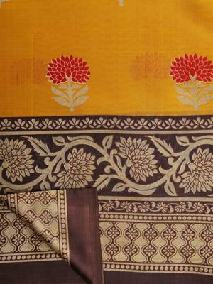 Mustard printed poly silk saree with blouse 5