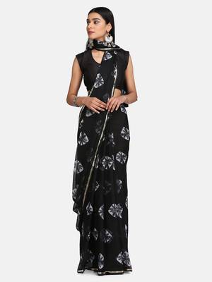 Black printed chiffon saree with blouse 3